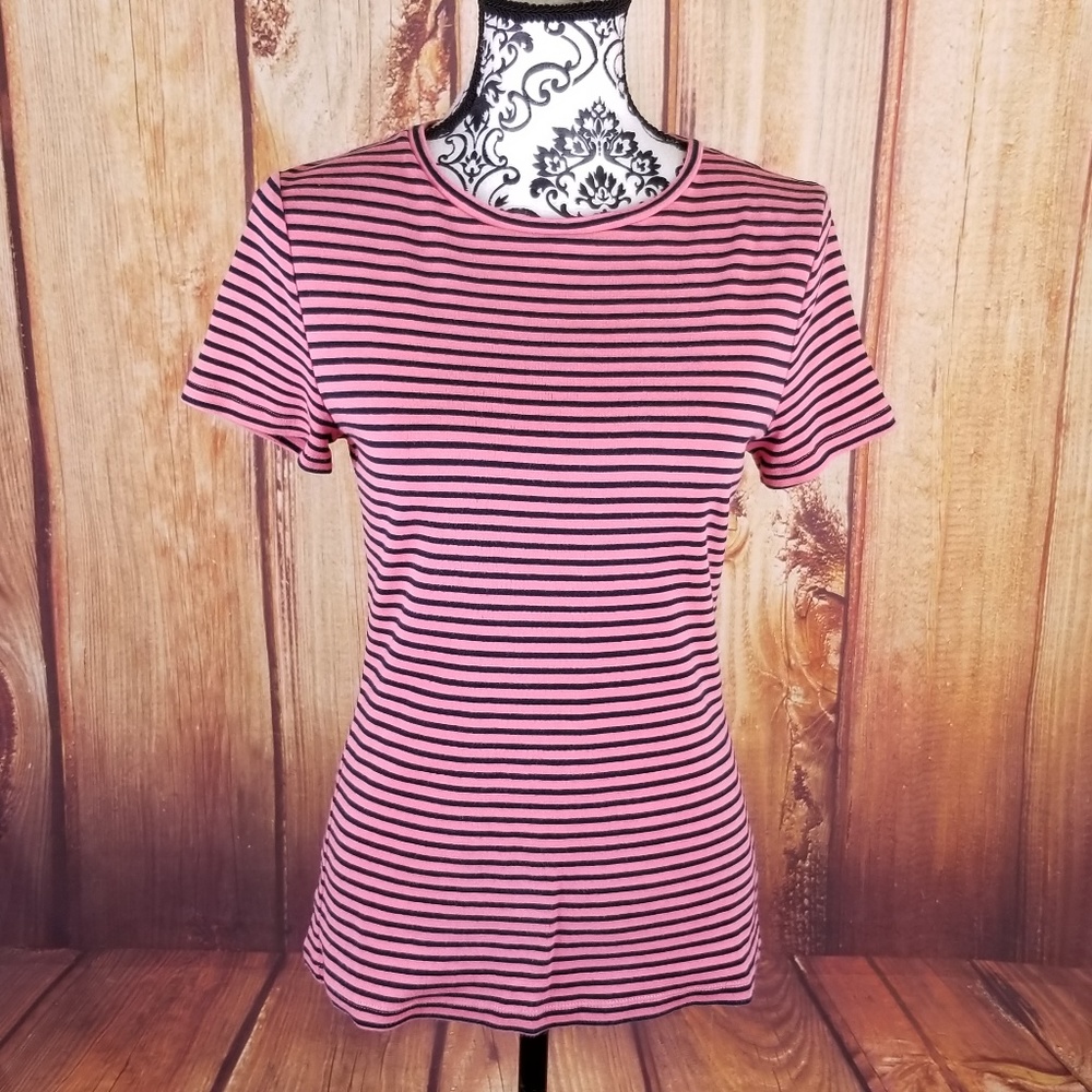 Talbots Fitted Crewneck Navy/Pink Shirt Size S B52